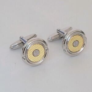 Dunhill D Cufflinks Gold Silver Tone Logo Round Designer Vintage Retro Bullet